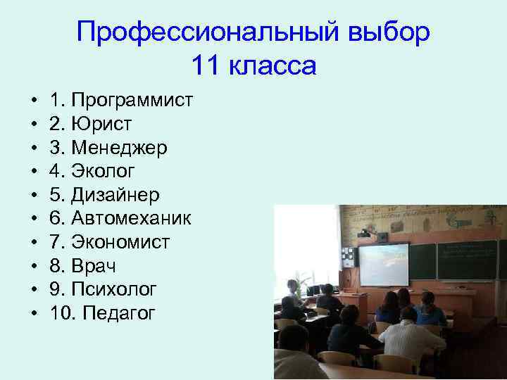 Профессиональный выбор 11 класса • • • 1. Программист 2. Юрист 3. Менеджер 4.