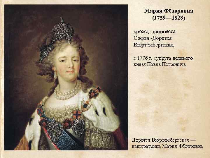 Мария Фёдоровна (1759— 1828) урожд. принцесса София -Доротея Вюртембергская, с 1776 г. супруга великого