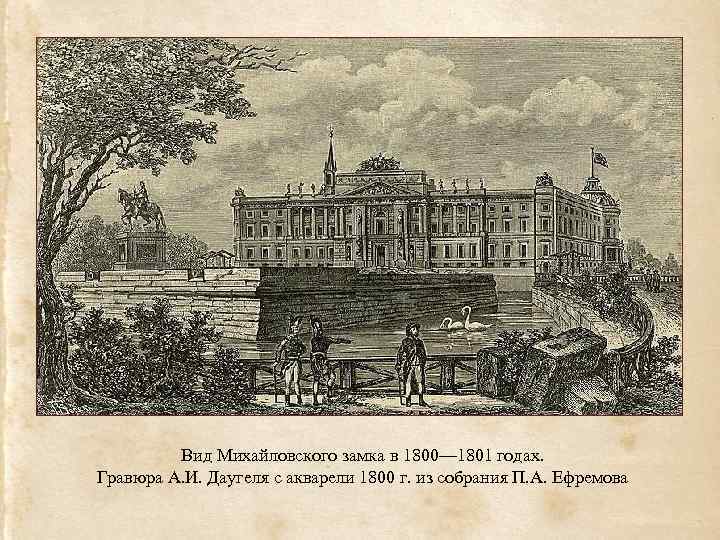 Вид Михайловского замка в 1800— 1801 годах. Гравюра А. И. Даугеля с акварели 1800