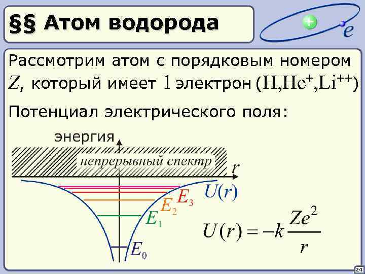 §§ Атом водорода Рассмотрим атом с порядковым номером Z, который имеет 1 электрон (H,