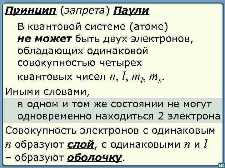 Принцип (запрета) Паули В квантовой системе (атоме) не может быть двух электронов, обладающих одинаковой