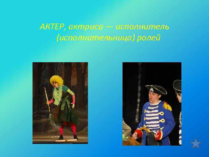 АКТЕР, актриса — исполнитель (исполнительница) ролей 