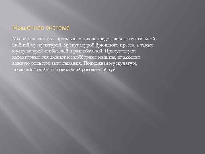 Мышечная система пресмыкающихся представлена жевательной, шейной мускулатурой, мускулатурой брюшного пресса, а также мускулатурой сгибателей