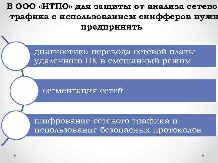 В ООО «НТПО» для защиты от анализа сетевог трафика с использованием снифферов нужн предпринять