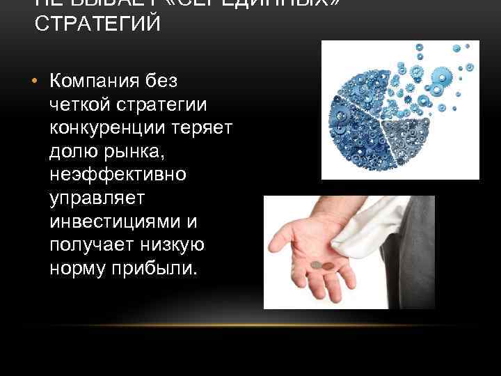 НЕ БЫВАЕТ «СЕРЕДИННЫХ» СТРАТЕГИЙ • Компания без четкой стратегии конкуренции теряет долю рынка, неэффективно