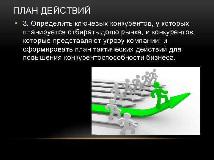 ПЛАН ДЕЙСТВИЙ • 3. Определить ключевых конкурентов, у которых планируется отбирать долю рынка, и