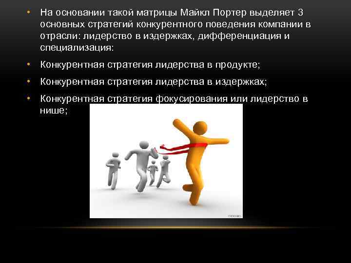  • На основании такой матрицы Майкл Портер выделяет 3 основных стратегий конкурентного поведения