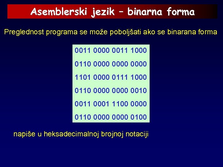 Asemblerski jezik – binarna forma Preglednost programa se može poboljšati ako se binarana forma