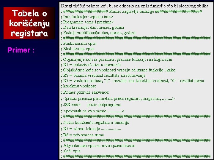 Tabela o korišćenju registara Primer : Drugi tipični primer koji bi se odnosio na