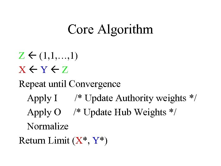 Core Algorithm Z (1, 1, …, 1) X Y Z Repeat until Convergence Apply