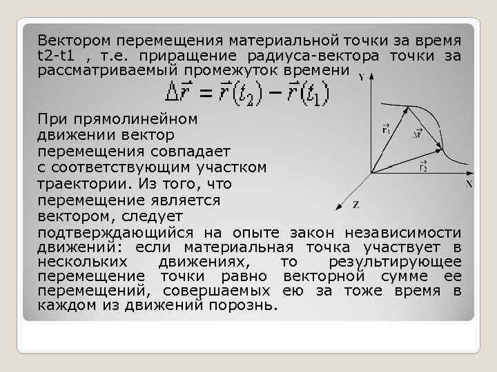 Вектором перемещения материальной точки за время t 2 t 1 , т. е. приращение