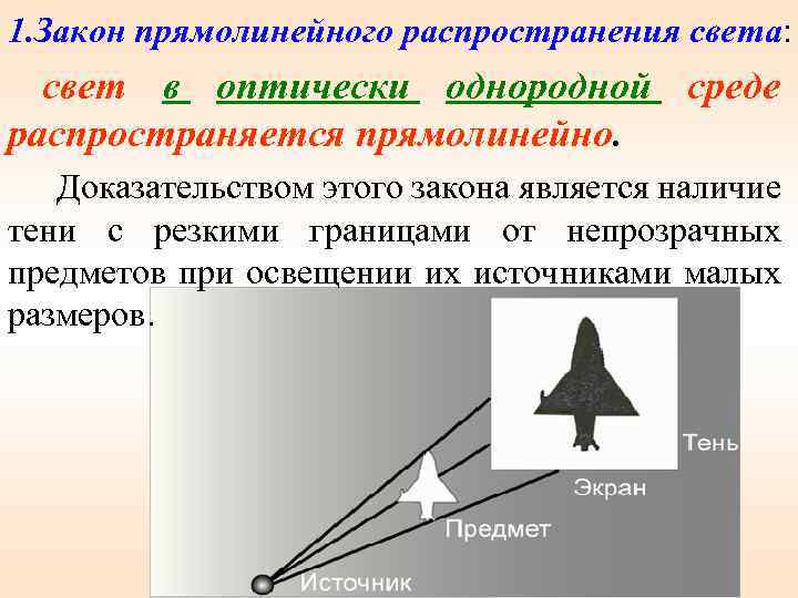 1. Закон прямолинейного распространения света: свет в оптически однородной среде распространяется прямолинейно. Доказательством этого