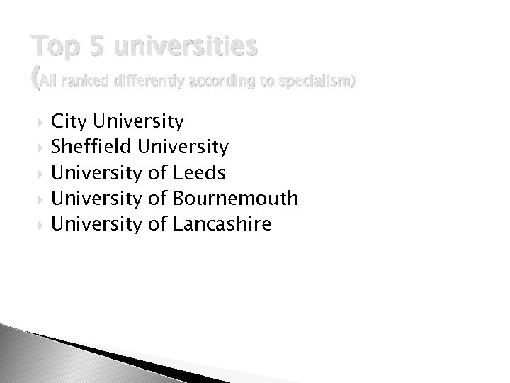  Top 5 universities (All ranked differently according to specialism) City University Sheffield University