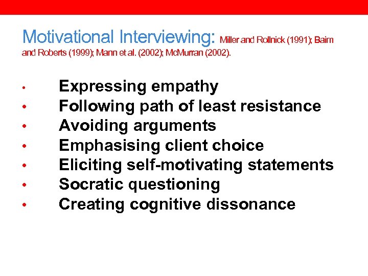 Motivational Interviewing: Miller and Rollnick (1991); Baim and Roberts (1999); Mann et al. (2002);
