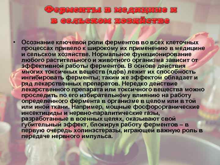  • Осознание ключевой роли ферментов во всех клеточных процессах привело к широкому их