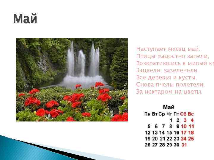 Май Наступает месяц май. Птицы радостно запели, Возвратившись в милый кр Зацвели, зазеленели Все