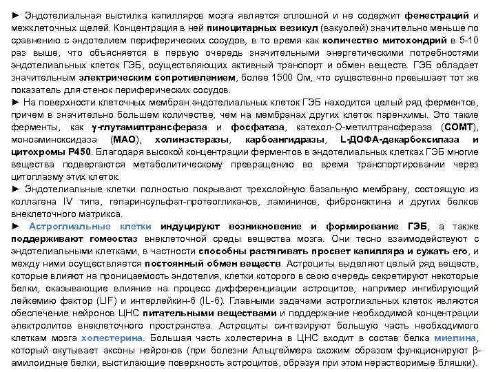 ► Эндотелиальная выстилка капилляров мозга является сплошной и не содержит фенестраций и межклеточных щелей.