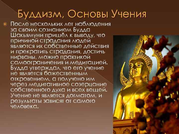 Буддизм, Основы Учения После нескольких лет наблюдения за своим сознанием Будда Шакьямуни пришёл к