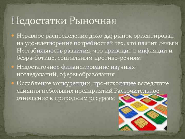 Недостатки Рыночная Неравное распределение дохо да; рынок ориентирован на удо влетворение потребностей тех, кто
