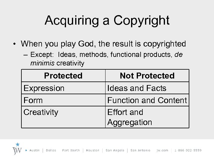 Acquiring a Copyright • When you play God, the result is copyrighted – Except: