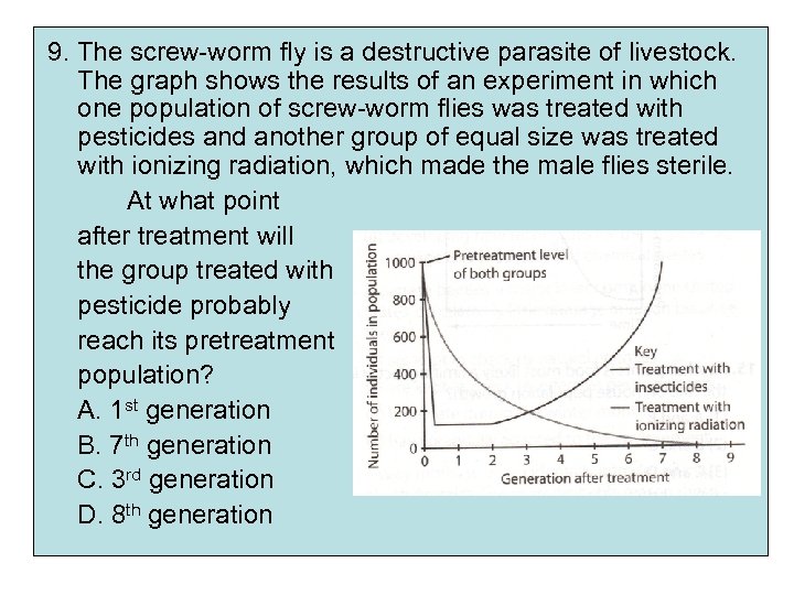 9. The screw-worm fly is a destructive parasite of livestock. The graph shows the