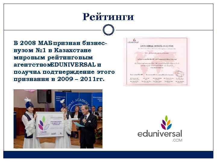 Рейтинги В 2008 МАБ признан бизнесвузом № 1 в Казахстане мировым рейтинговым агентством EDUNIVERSAL