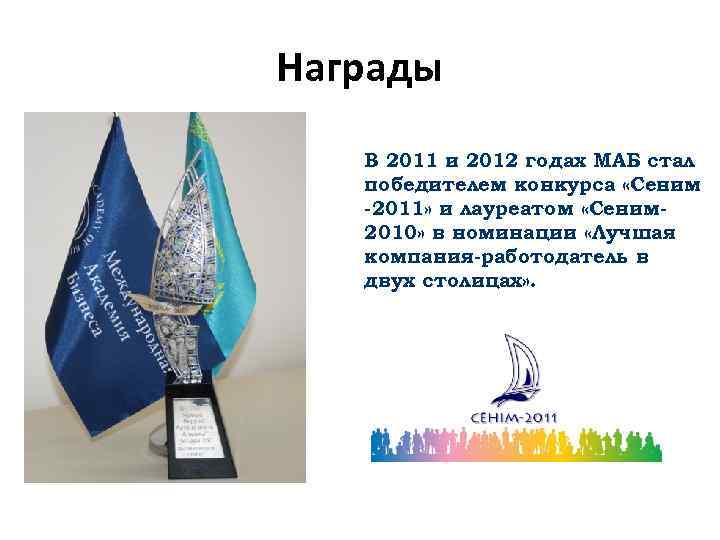 Награды В 2011 и 2012 годах МАБ стал победителем конкурса «Сеним -2011» и лауреатом
