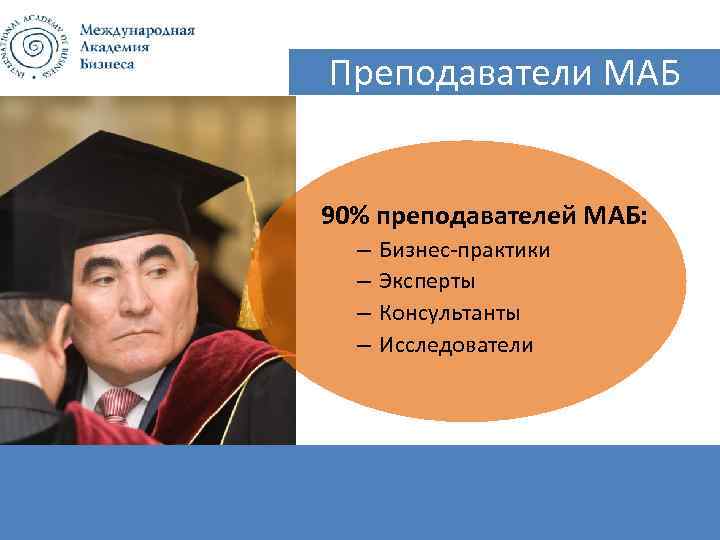 Преподаватели МАБ 90% преподавателей МАБ: – – Бизнес-практики Эксперты Консультанты Исследователи 10 