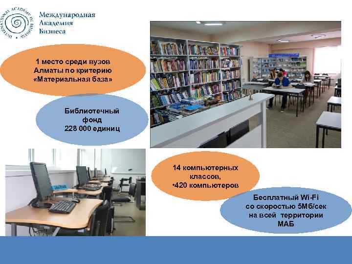 1 место среди вузов Алматы по критерию «Материальная база» Библиотечный фонд 228 000 единиц