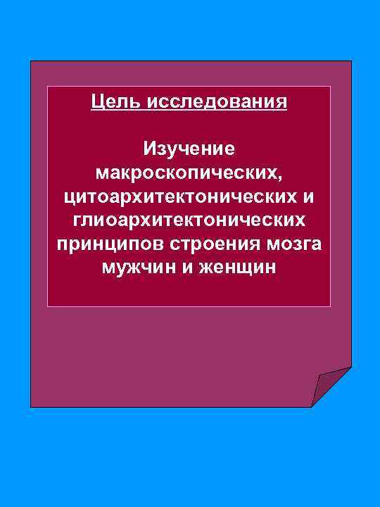 Цель исследования Изучение макроскопических, цитоархитектонических и глиоархитектонических принципов строения мозга мужчин и женщин 