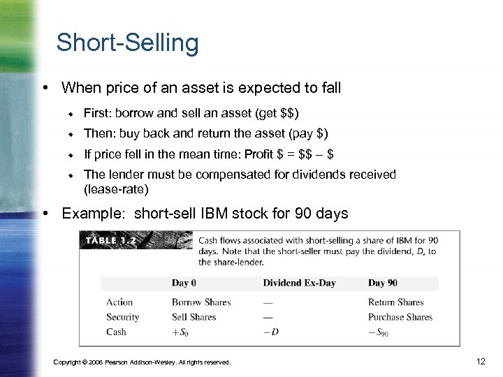 Short-Selling • When price of an asset is expected to fall First: borrow and