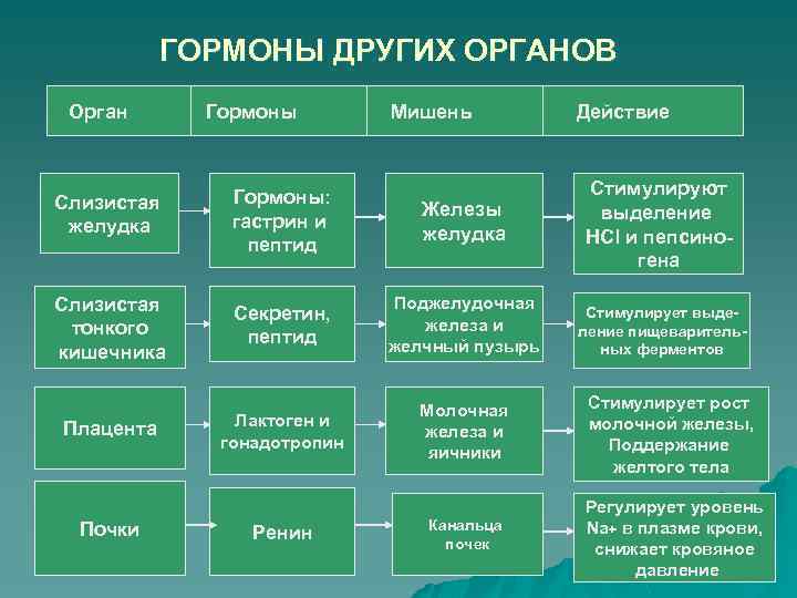 ГОРМОНЫ ДРУГИХ ОРГАНОВ Орган Гормоны Мишень Действие Слизистая желудка Гормоны: гастрин и пептид Железы