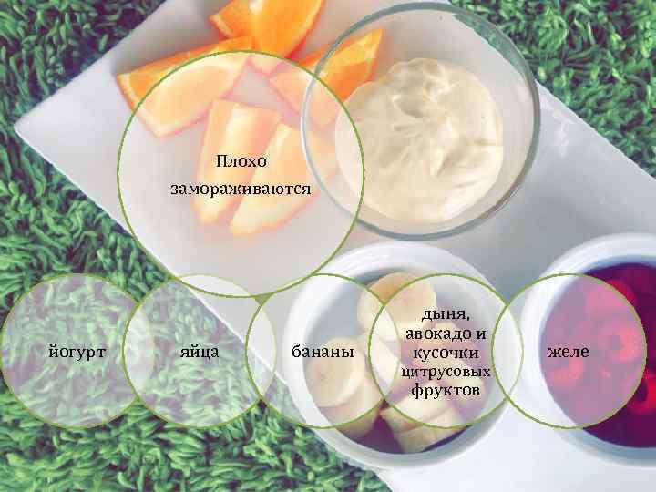 Плохо замораживаются йогурт яйца бананы дыня, авокадо и кусочки цитрусовых фруктов желе 