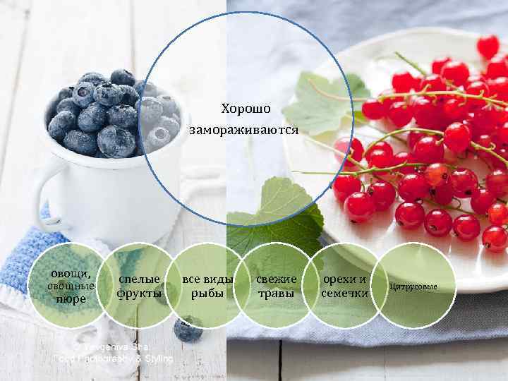 Хорошо замораживаются овощи, овощные пюре спелые фрукты все виды рыбы свежие травы орехи и