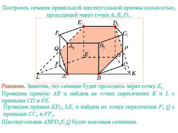 Построить сечение правильной шестиугольной призмы плоскостью, проходящей через точки A, B, D 1. Упражнение