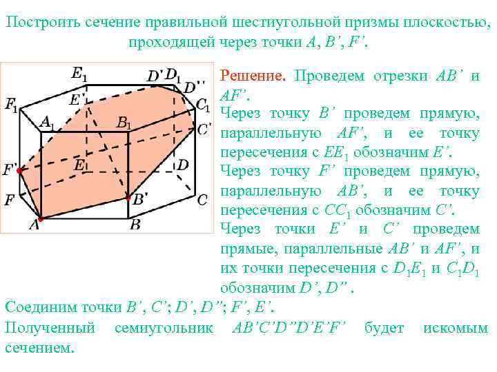 Построить сечение правильной шестиугольной призмы плоскостью, проходящей через точки A, B’, F’. Упражнение 16