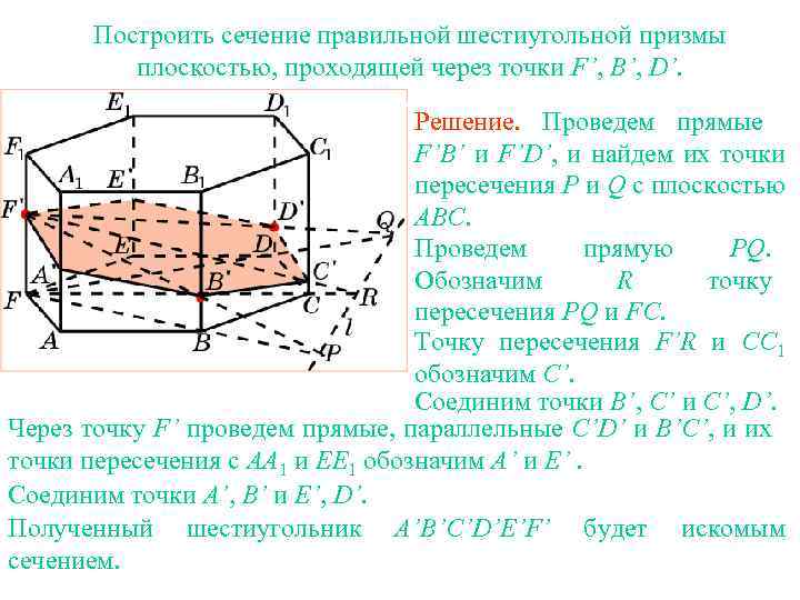 Построить сечение правильной шестиугольной призмы плоскостью, проходящей через точки F’, B’, D’. Упражнение 17