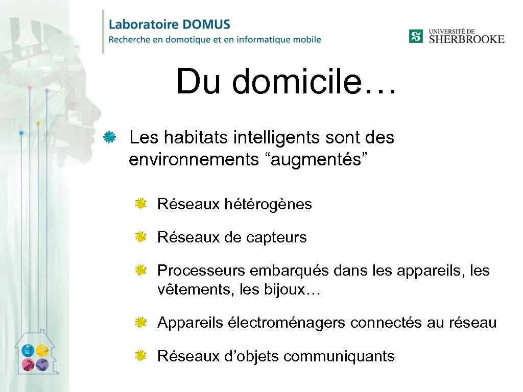 Du domicile… Les habitats intelligents sont des environnements “augmentés” Réseaux hétérogènes Réseaux de capteurs