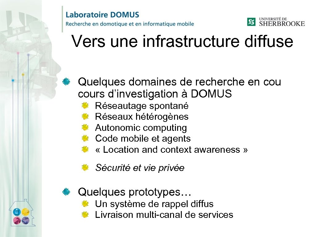 Vers une infrastructure diffuse Quelques domaines de recherche en cours d’investigation à DOMUS Réseautage