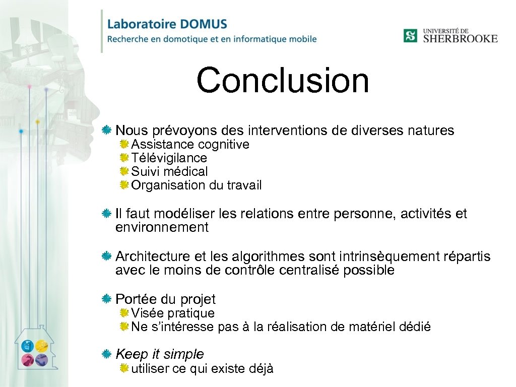 Conclusion Nous prévoyons des interventions de diverses natures Assistance cognitive Télévigilance Suivi médical Organisation