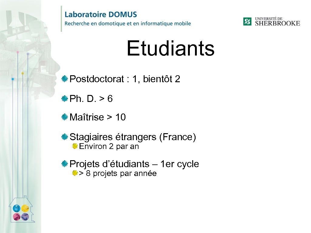 Etudiants Postdoctorat : 1, bientôt 2 Ph. D. > 6 Maîtrise > 10 Stagiaires