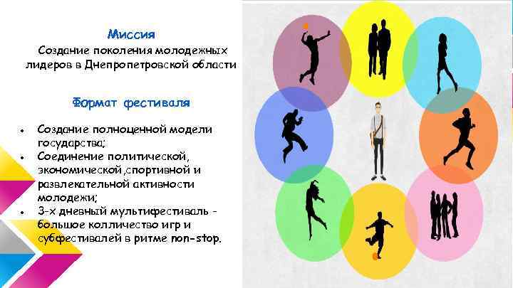 Миссия Создание поколения молодежных лидеров в Днепропетровской области Формат фестиваля ● Создание полноценной модели