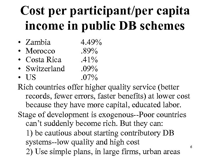 Cost per participant/per capita income in public DB schemes • Zambia 4. 49% •