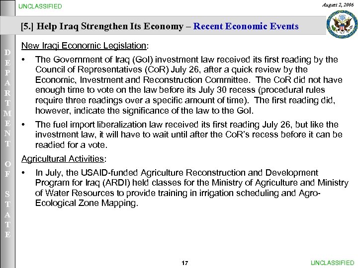 August 2, 2006 UNCLASSIFIED [5. ] Help Iraq Strengthen Its Economy – Recent Economic