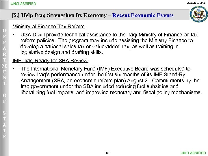 August 2, 2006 UNCLASSIFIED [5. ] Help Iraq Strengthen Its Economy – Recent Economic