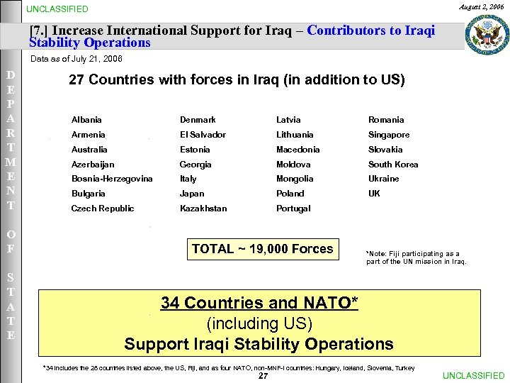 August 2, 2006 UNCLASSIFIED [7. ] Increase International Support for Iraq – Contributors to