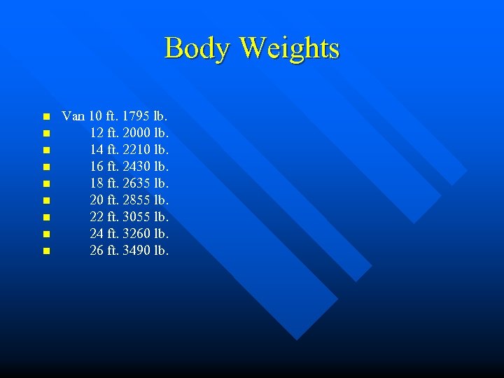 Body Weights n n n n n Van 10 ft. 1795 lb. 12 ft.