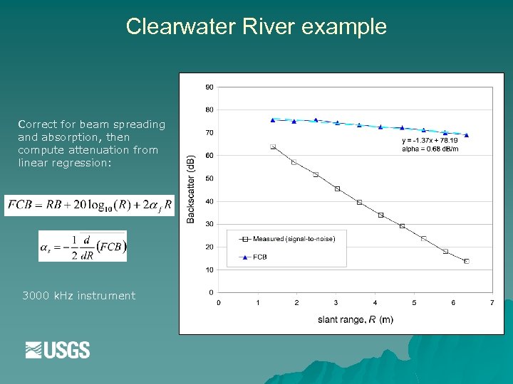 Clearwater River example Correct for beam spreading and absorption, then compute attenuation from linear