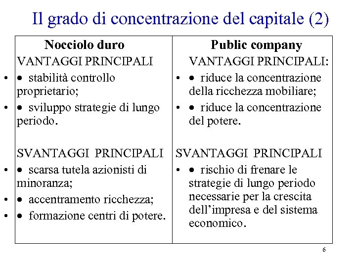 Il grado di concentrazione del capitale (2) Nocciolo duro VANTAGGI PRINCIPALI • · stabilità