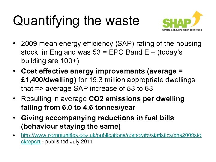 Quantifying the waste • 2009 mean energy efficiency (SAP) rating of the housing stock